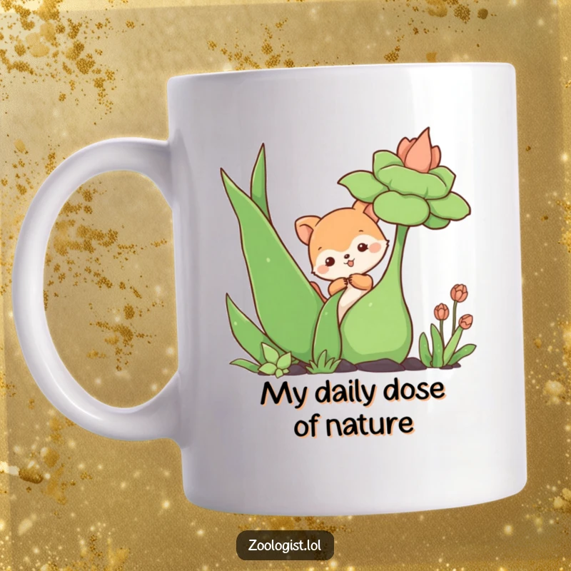 Funny mug with a cute animal character curiously poking a giant, vibrant green plant, expressing innocent wonder and humor.