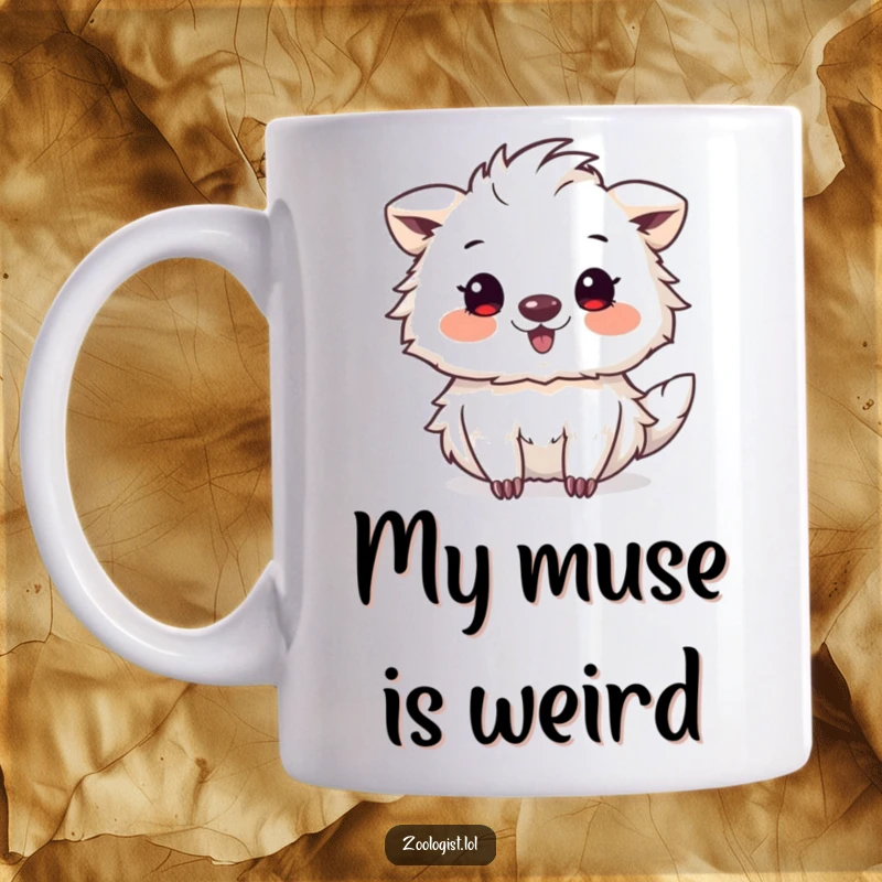 Funny mug with a cute animal artist enthusiastically sketching a weird and wonderful creature with glee, celebrating artistic passion.