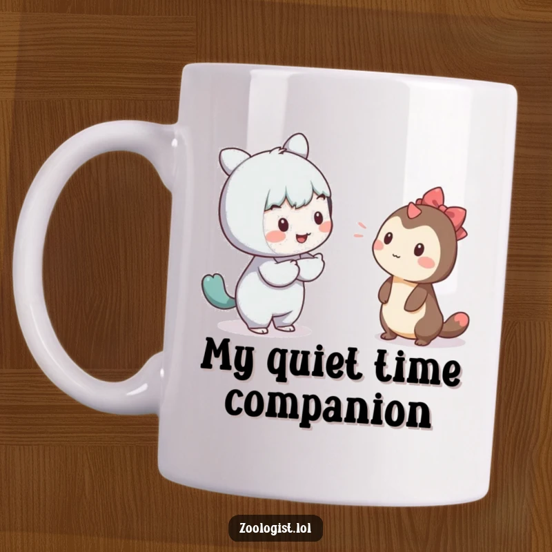 Funny mug showing a happy character gently trying to communicate with a very shy, small creature peeking out.