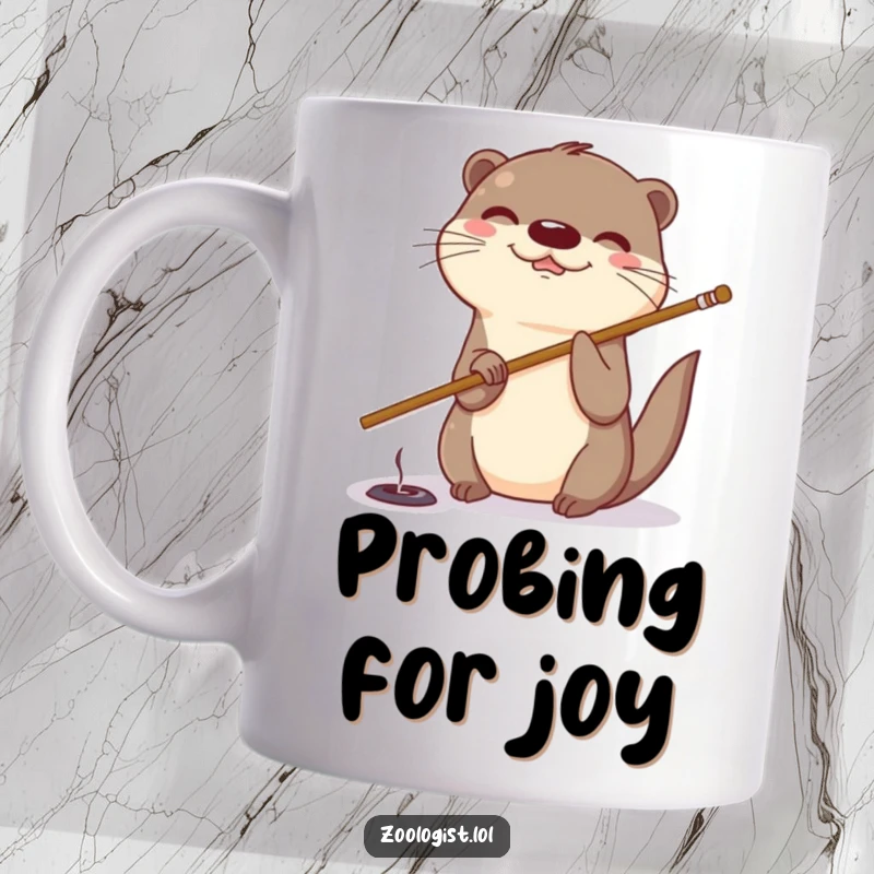 Funny otter mug showing a giggling otter using a long stick to playfully poke a small hole in an unseen object.