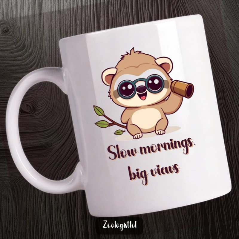 Funny happy Kawaii sloth zoologist character wearing binoculars, looking amazed at something, perfect for nature lovers, funny gift.