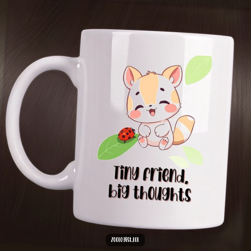 Funny mug with a cute animal character carefully inspecting a ladybug on a vibrant green leaf, showcasing focused curiosity and gentle joy.