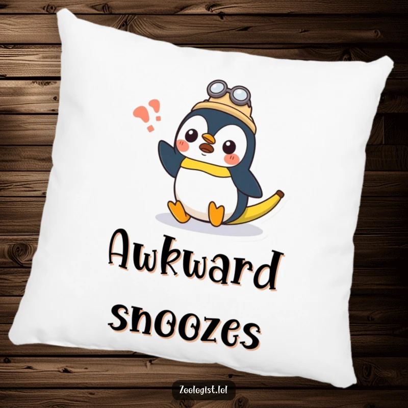 Funny surprised Kawaii penguin zoologist character slipping on a banana peel on a decorative pillow, soft and funny gift.