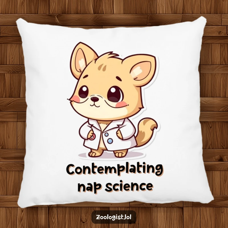 Funny pillow featuring a cute animal character in a lab coat, embodying thoughtful intelligence and scientific curiosity.