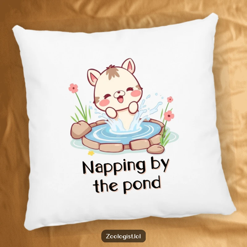 Funny decorative pillow showcasing a cute animal character joyfully splashing water from a small pond, with water droplets frozen in the air.