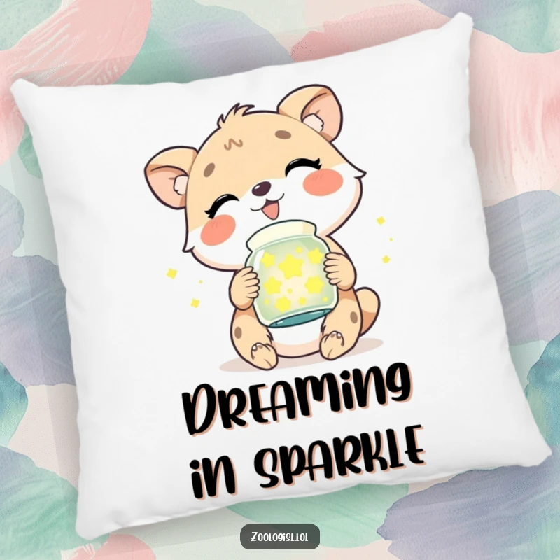 Funny decorative pillow with a cute animal character giggling heartily while holding a jar packed with radiant, magical fireflies.