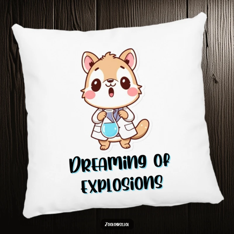 Funny pillow featuring a surprised animal character in a lab coat dropping a beaker, offering comfort and science mishap humor.
