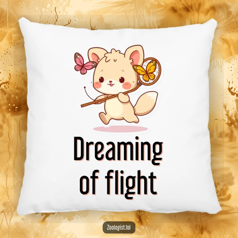 Funny pillow with a cute animal character playfully chasing a butterfly with a net, embodying energetic pursuit and lighthearted fun.