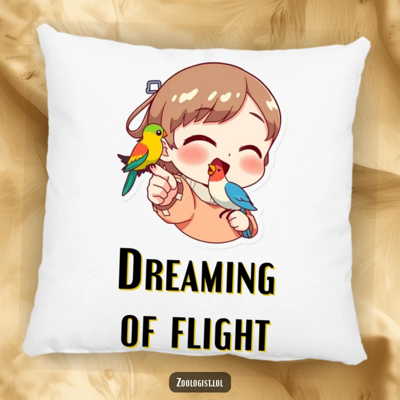 Funny pillow depicting a character with exaggerated excitement pointing at a vibrant bird resting on their finger, full of glee.