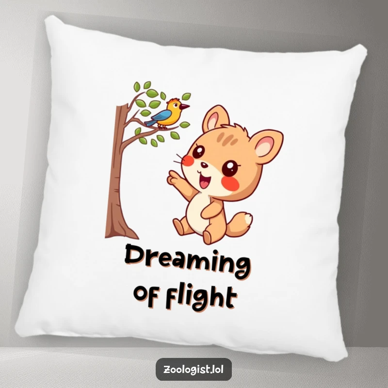 Funny Pillow: Joyful animal character pointing excitedly at a bird in a tree, offering comfort and amusement.