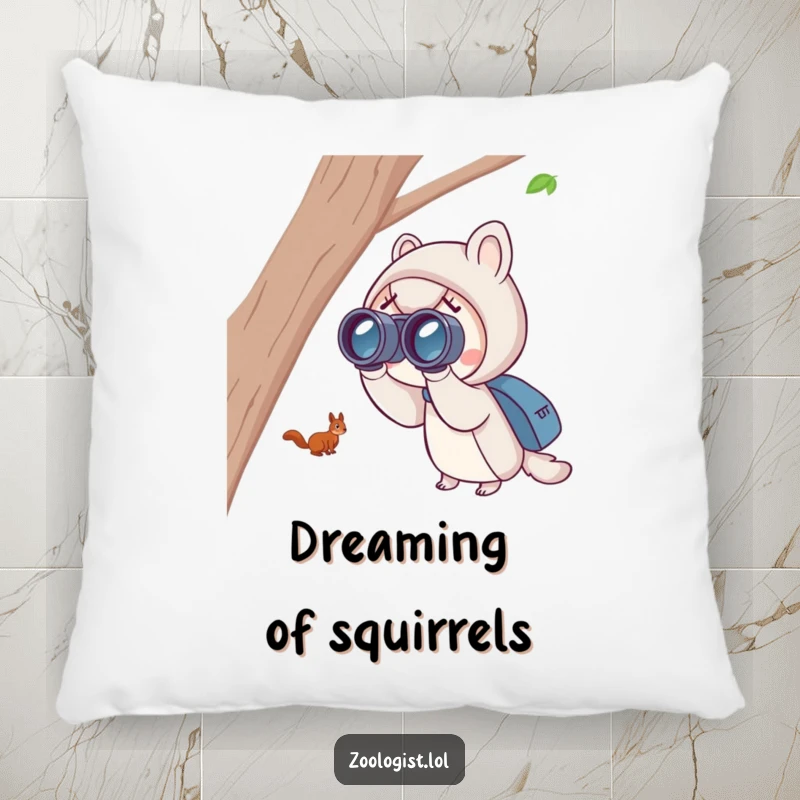 Funny squirrel spotting pillow with a cute character using binoculars to excitedly view a distant, playful squirrel, adding comfort and humor.