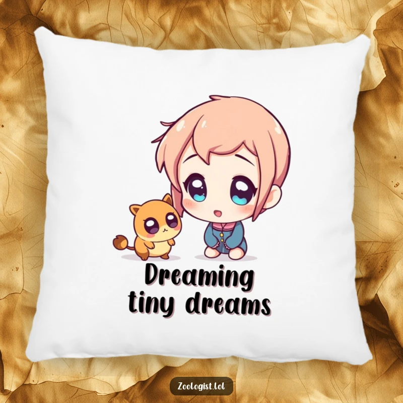 Funny pillow showing a character whose eyes are comically wide with amazement while observing a very small creature.