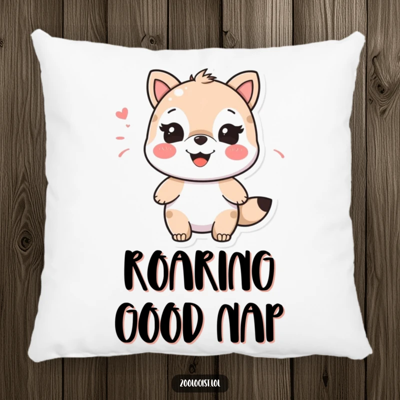 Funny character joyfully imitating an animal sound with a happy smile, a soft and humorous pillow.