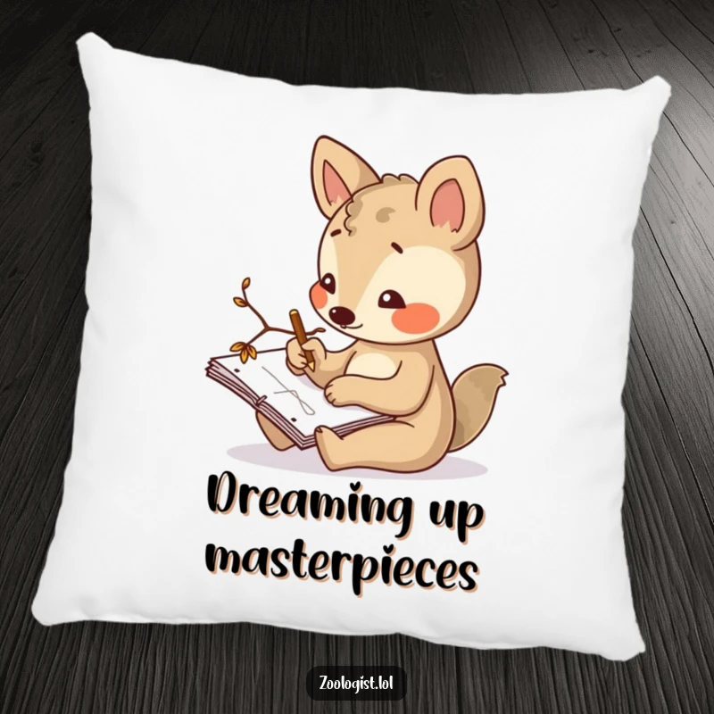 Funny pillow design featuring a curious animal character sketching in a notepad with a twig, adding a cozy, artistic vibe to any room.