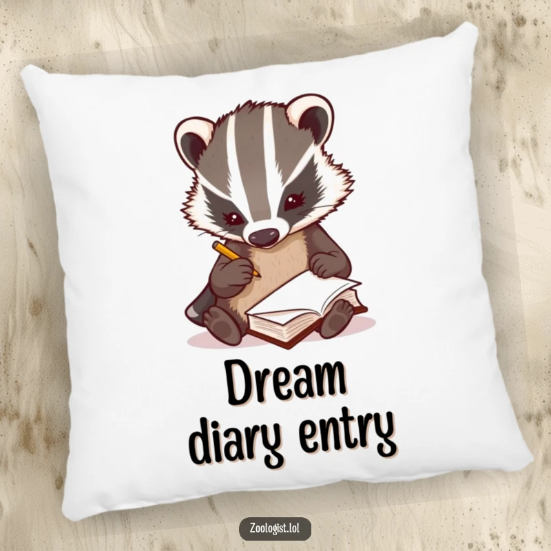 Funny curious badger zoologist scribbling notes rapidly in a tiny book, decorative pillow, nature research, perfect funny gift.