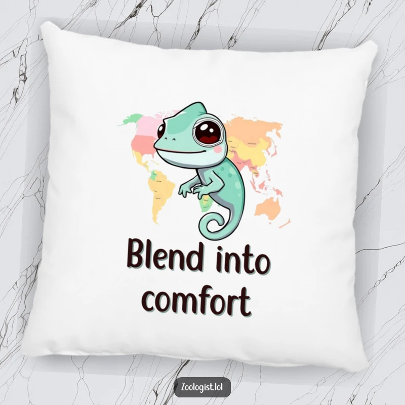 Funny chameleon pillow showing a happy chameleon blended into a colorful world map, providing comfort and global flair.