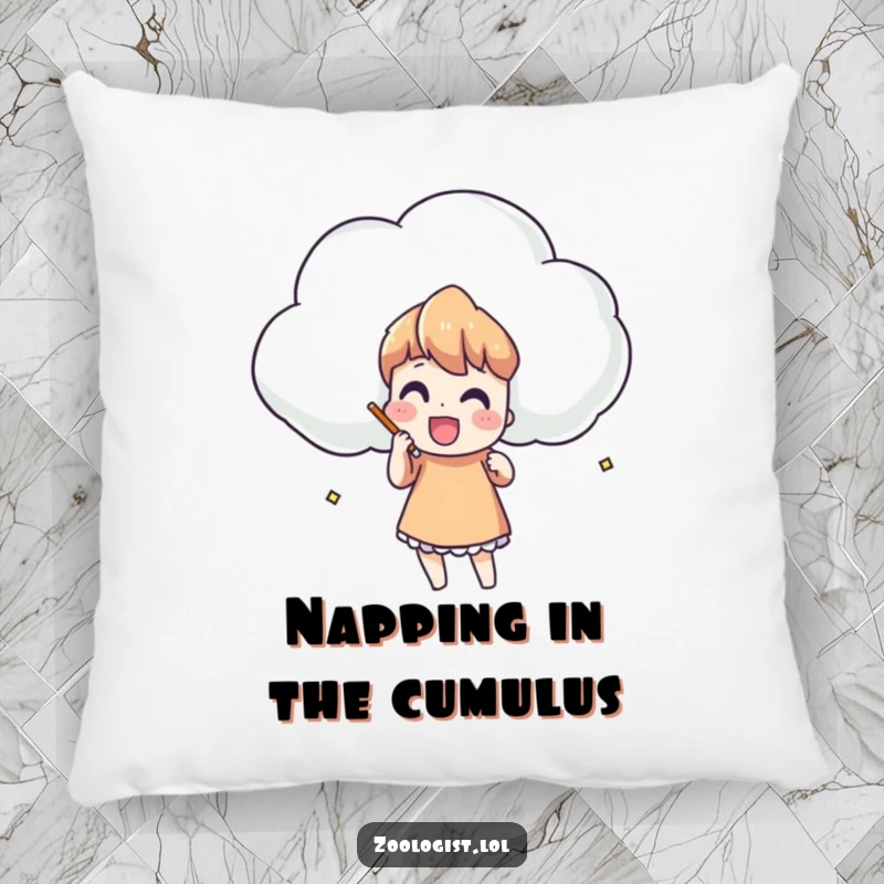 Funny pillow with a character enthusiastically sketching a large, uniquely shaped cloud, adding a cozy artistic touch.