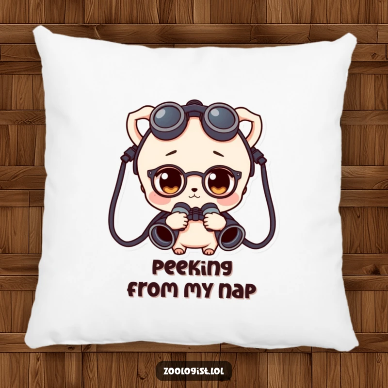 Funny character wearing binoculars around their neck, looking curious, embroidered on a soft and cozy pillow.