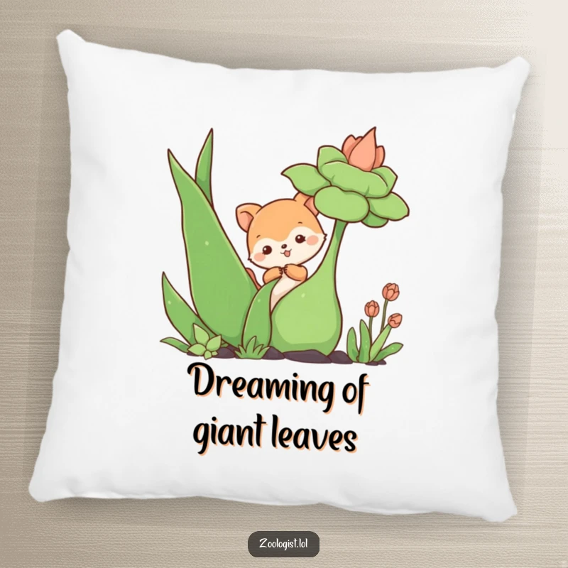 Funny pillow with a cute animal character curiously touching a giant plant, adding a touch of playful whimsy to any seating area.