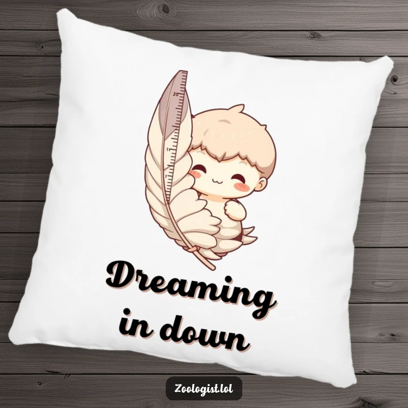 Funny pillow featuring a character humorously measuring a very large feather, adding a quirky touch to any sofa.