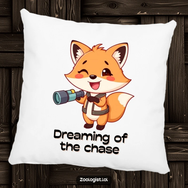 Funny fox pillow, a happy fox with binoculars pointing excitedly, soft and decorative, bringing a sense of adventure to any room.