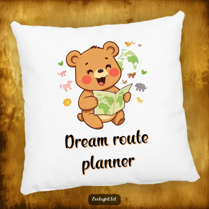 Funny pillow with a joyful bear character studying a map, a humorous decorative item.