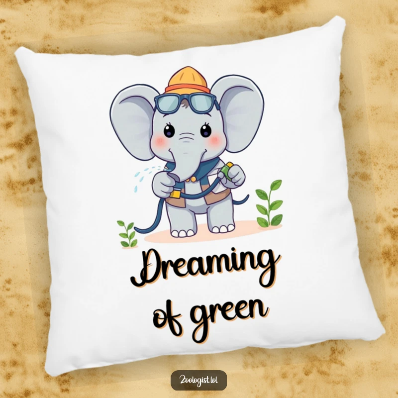 Funny Kawaii Elephant Zoologist Pillow: A cheerful elephant zoologist happily waters a plant, offering comfort and botanical amusement.