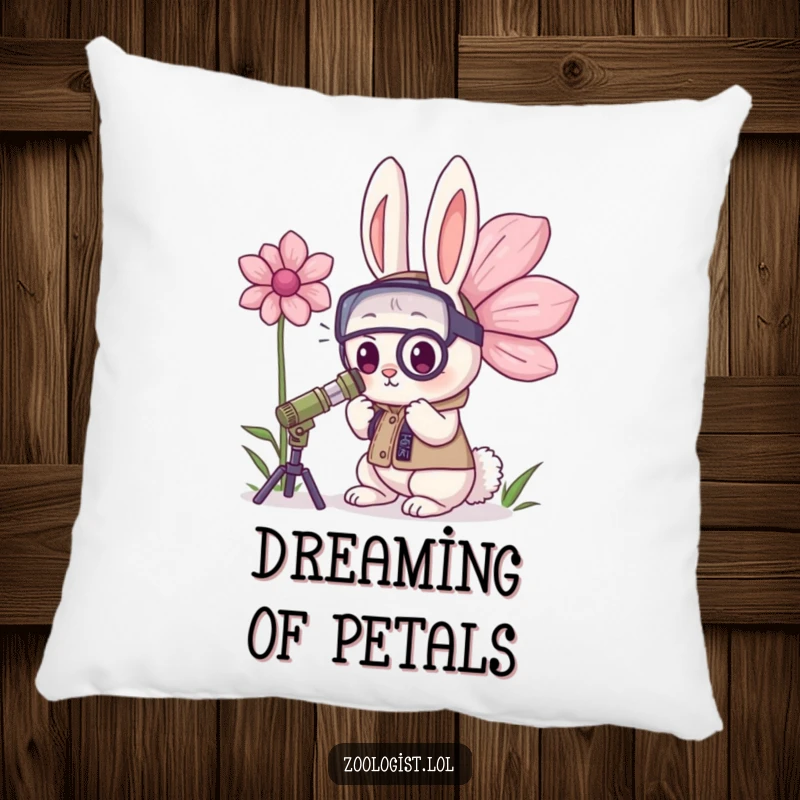 Funny Kawaii Rabbit Zoologist Pillow: A determined bunny zoologist examines a giant flower, offering comfort and a humorous botanical theme.