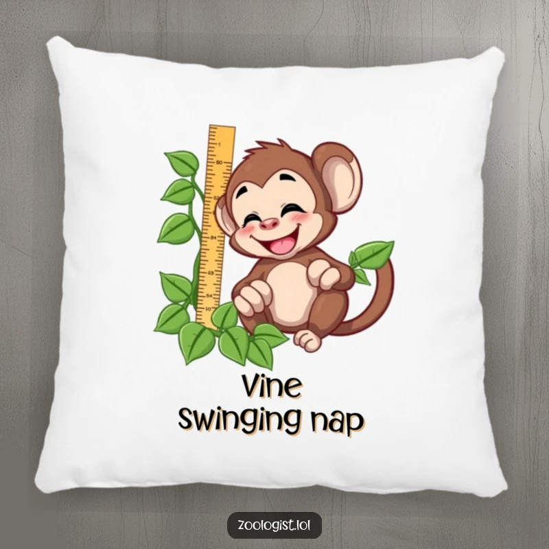 Funny giggling monkey character trying to measure a vine with a ruler, on a soft pillow, humorous home decor.