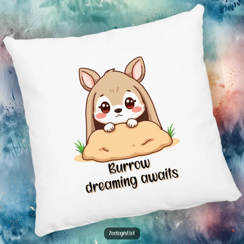 Funny Pillow: A cute, fluffy animal character peering into a burrow with a quizzical expression, looking thoughtful.