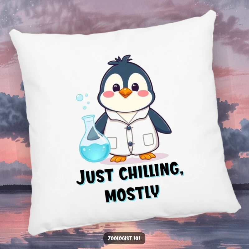 Funny happy penguin character in a lab coat, surprised by a bubbling beaker, on a soft pillow, humorous home decor.