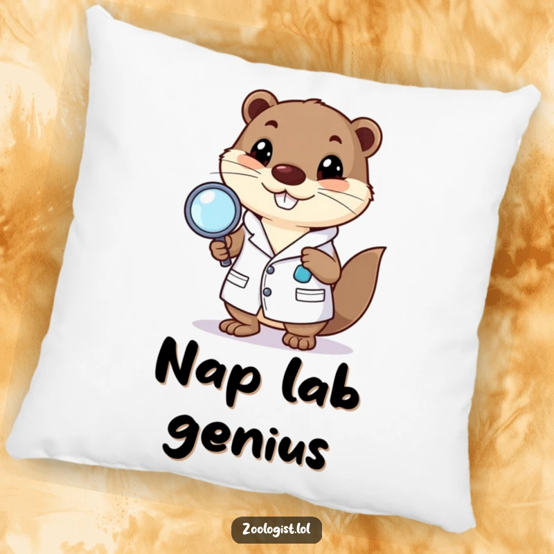 Funny pillow with a happy otter character in a lab coat holding a magnifying glass, a humorous decorative item.