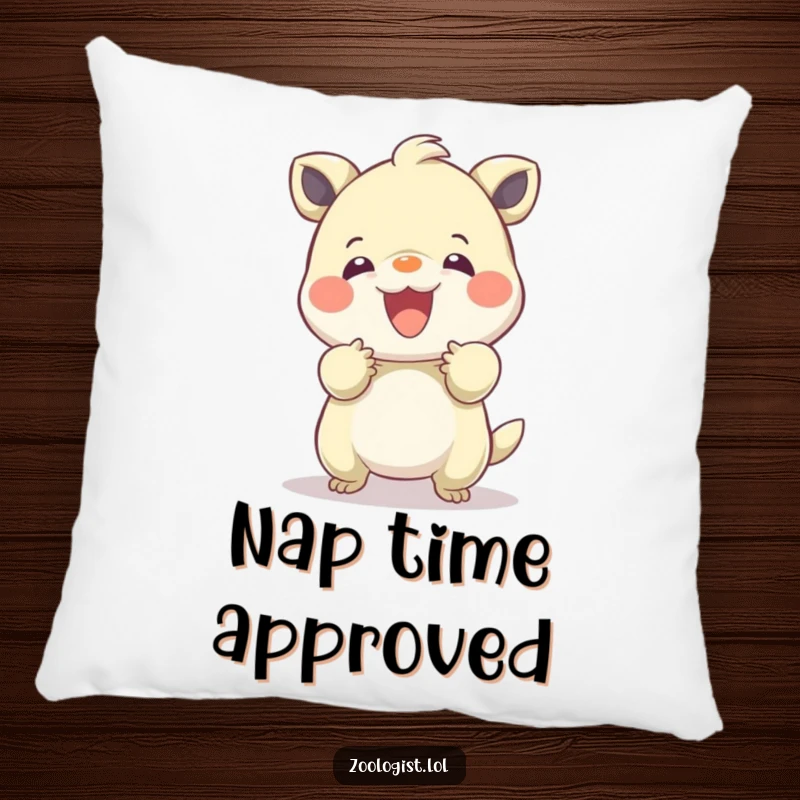 Funny pillow depicting a character's gentle hands calming a lively, bouncing creature, perfect for adding comfort and humor.
