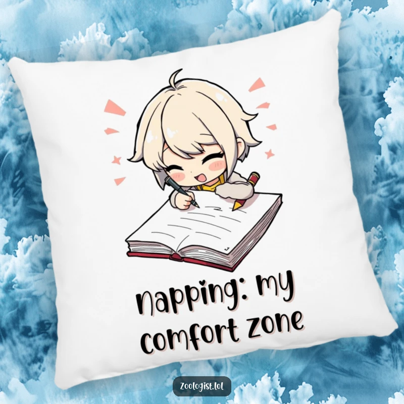 Funny pillow featuring a character scribbling furiously in a large notebook, offering comfort and humor for writers. A great gift.