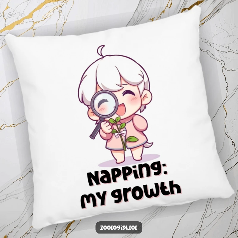 Funny pillow featuring a character examining a plant with a magnifying glass, offering comfort and humor for plant lovers. A great gift.