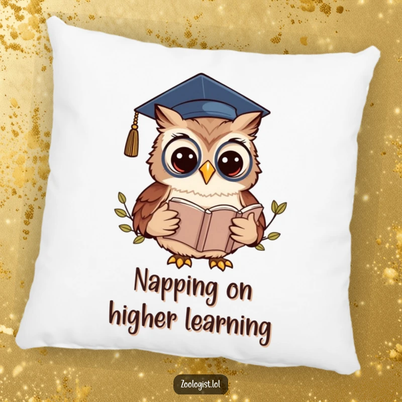 Funny Kawaii Owl Zoologist Pillow: A graduate owl reads a book, offering funny comfort and intellectual charm.