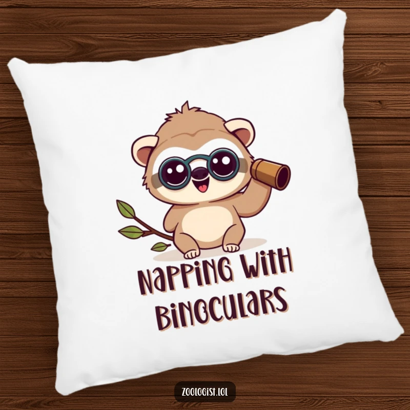 Funny happy Kawaii sloth zoologist character wearing binoculars, looking amazed on a decorative pillow, soft and funny gift.