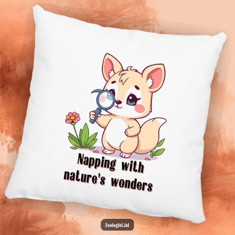 Funny pillow showcasing a cute animal character holding a magnifying glass, proudly looking at a wildflower, adding a touch of nature's humor.