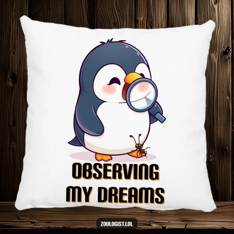 Funny pillow featuring an excited penguin observing a tiny ant with a magnifying glass, adding arctic charm.