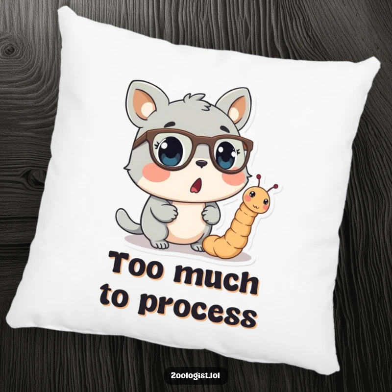 Funny pillow design showing a startled animal character observing a small worm wearing tiny eyeglasses, adding a humorous accent to any room.