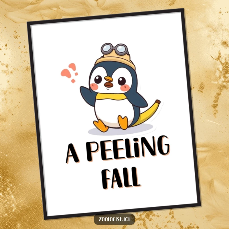 Funny surprised Kawaii penguin zoologist character slipping on a banana peel, downloadable art, perfect funny gift.