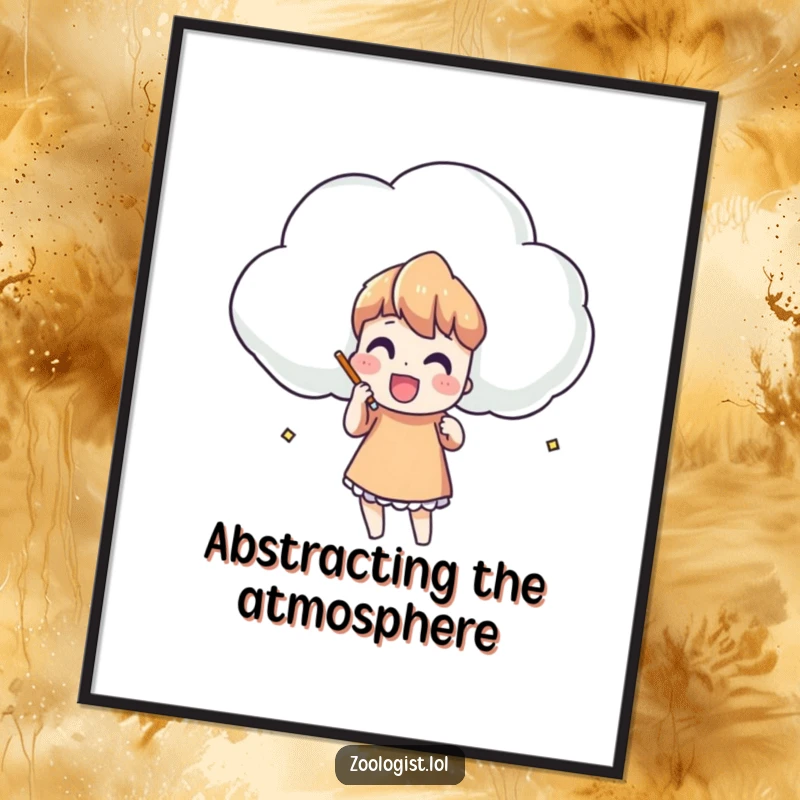 Funny digital art print of a character enthusiastically sketching a large, uniquely shaped cloud, perfect for framing.