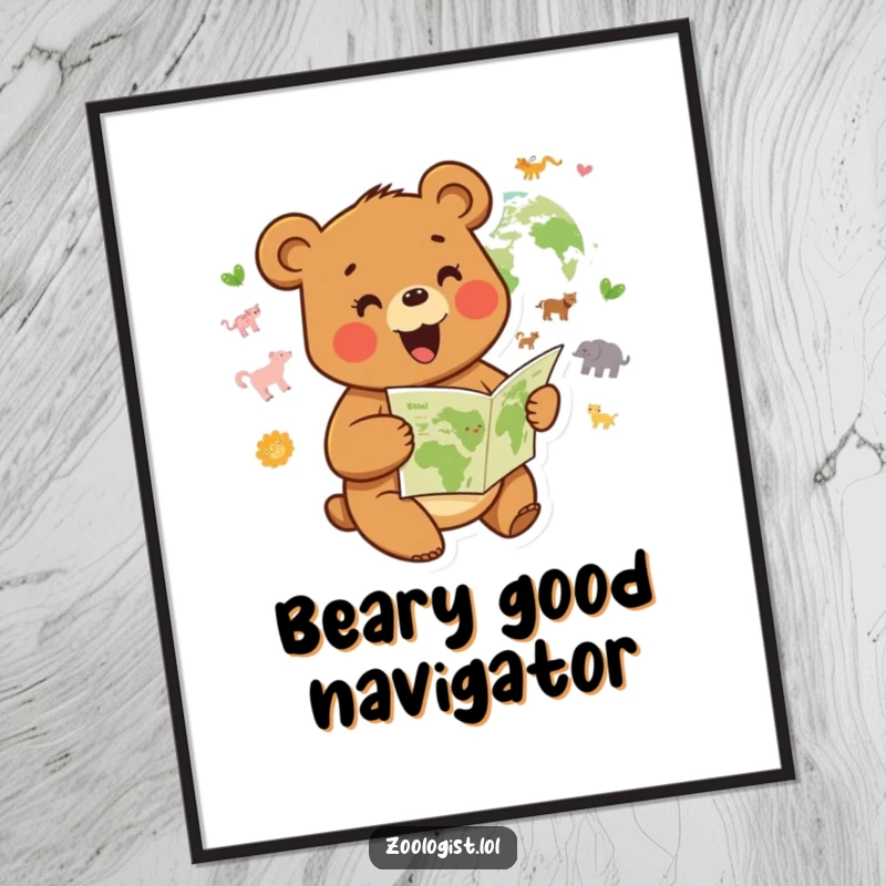 Funny digital art print of a joyful bear character studying a map of animal habitats, humorous art.