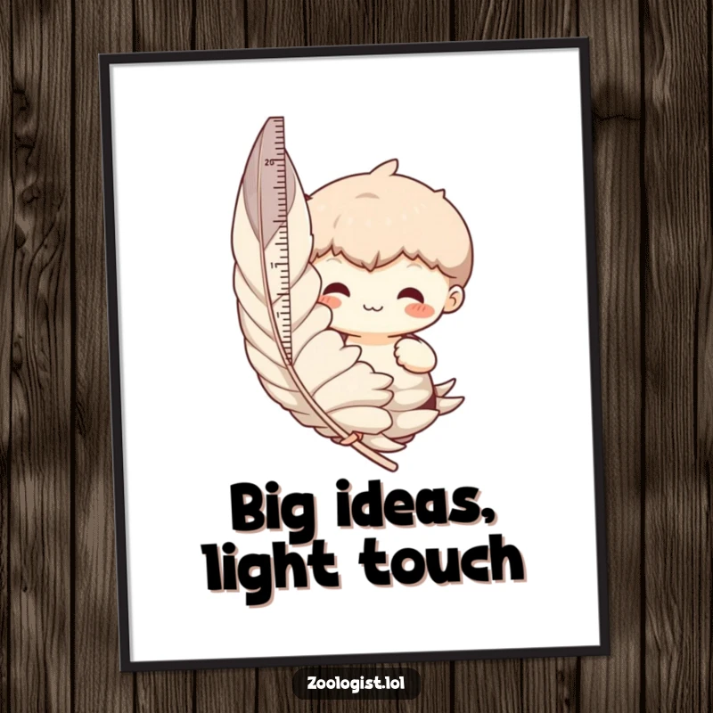 Funny digital art print of a character humorously measuring a giant feather, perfect for framing and displaying laughs.