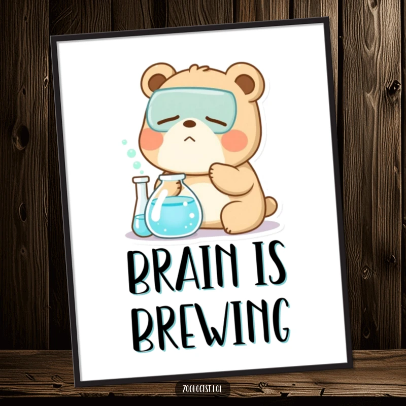 Funny Kawaii bear zoologist character yawning near a bubbling beaker, humorous digital art print for science enthusiasts.