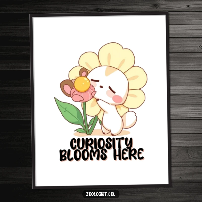 Funny digital art print of a curious animal gently poking a giant sleepy flower, perfect for adding whimsical charm and humor to any space.