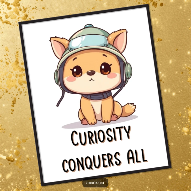 Funny digital art print of a cute animal character wearing a pith helmet and looking around curiously, embodying adventure and wonder.