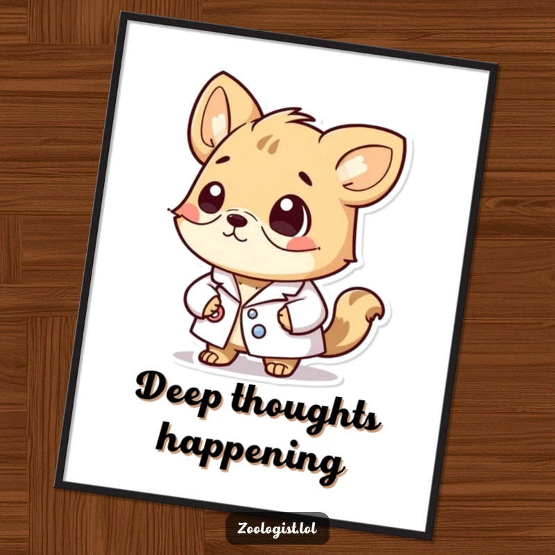 Funny digital art print of a cute animal character in a lab coat, looking very thoughtful and contemplating scientific breakthroughs.
