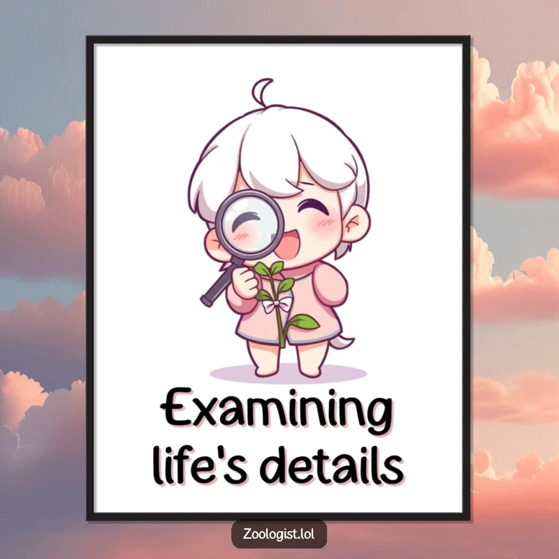 Funny digital art print of a character examining a plant with a magnifying glass, adding humor to any space. A great gift.