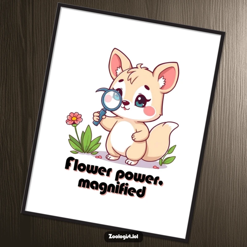 Funny digital art print showing a cute animal character proudly holding a magnifying glass, focused on a wildflower, evoking curiosity and wonder.
